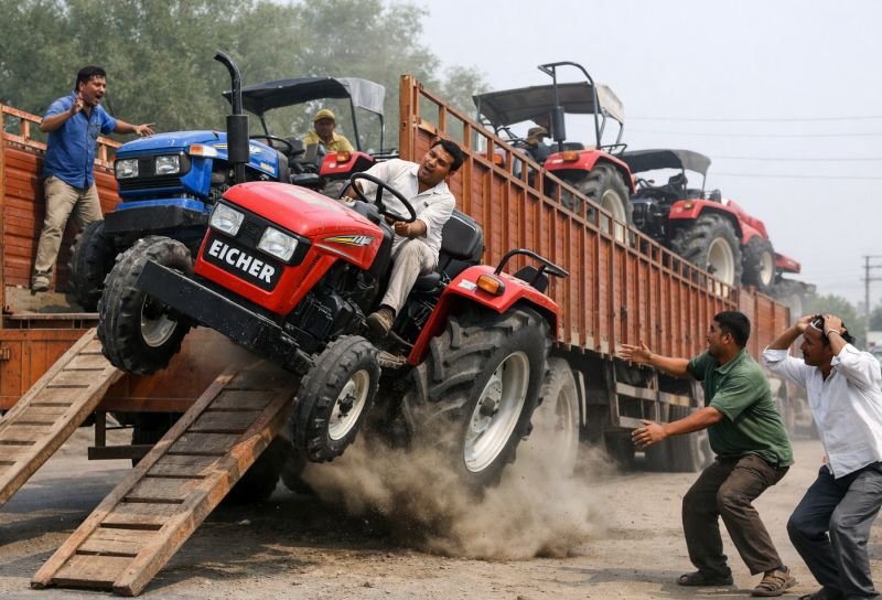 उतारते समय ट्रक पर लदा ट्रैक्टर पलटा, नीचे दबकर युवक की मौत